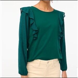 J. Crew Green Ruffle Shoulder Sheer Balloon Sleeve Top XL Dark Academia Feminine